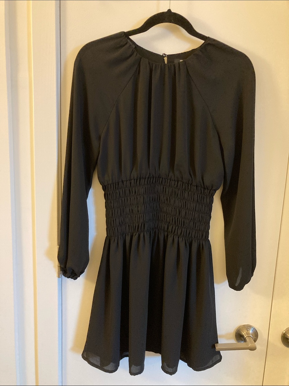 NWOT Madewell Black Long Sleeve Smocked-Waist Mini Dress, size XXS